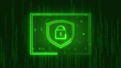 Security cyber defense animation shows green neon shields with lock icons. .. Stock Footage 341128783