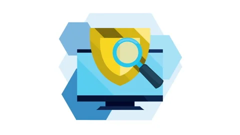 Security data animation with golden shield in desktop and magnifying glass Video stock 153292053