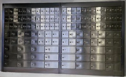Security deposit boxes at post office entrance Foto stock
