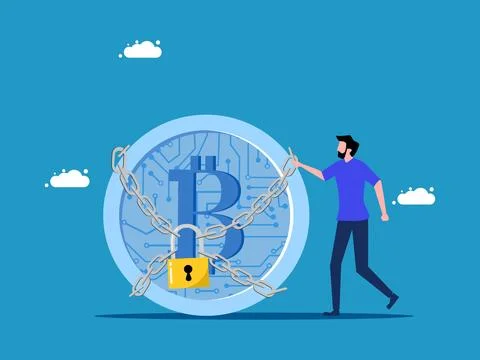 Security of digital currency. man and digital coin lock with padlock Illustrazione stock