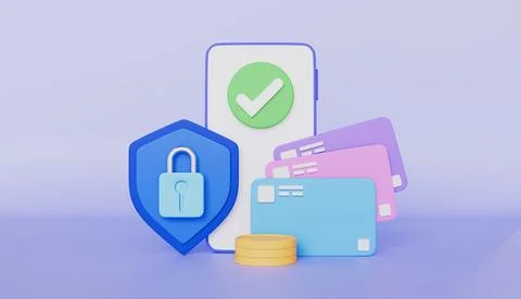 Security of digital transactions with smartphone, shield, padlock, credit card Stock Illustration