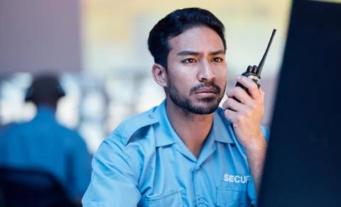 Security dispatch man, computer and walkie talkie communication, speaking and 스톡 사진