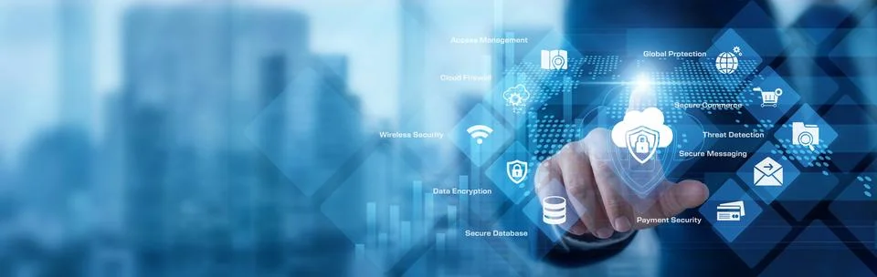 Security engineer analyzing digital data pointing hand at Cloud Security gr.. Stock Photos