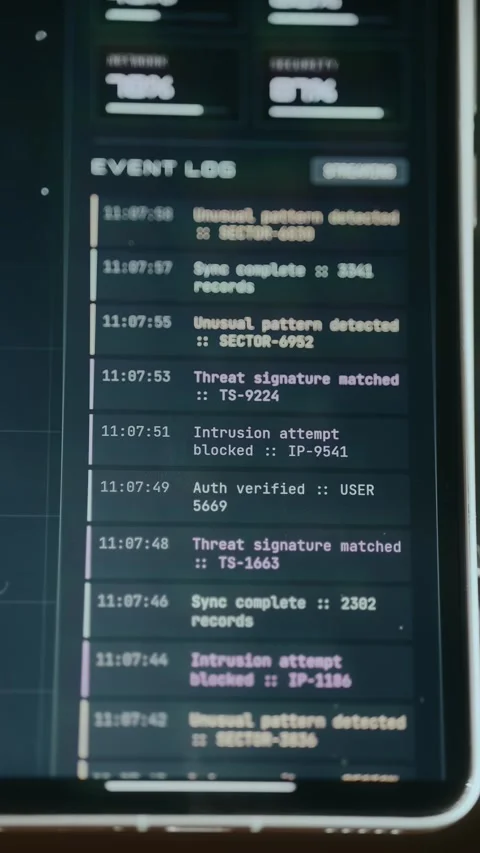 Security event log interface from SIEM system recording various system Video stock 333855747