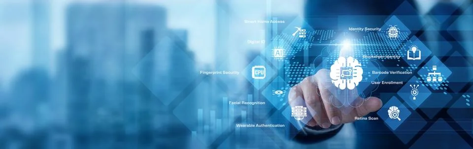 Security expert analyzing digital data pointing hand at Biometric security .. Stock Photos