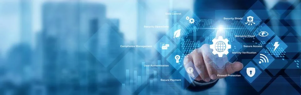 Security expert analyzing digital data pointing hand at Cybersecurity defen.. Stock Photos