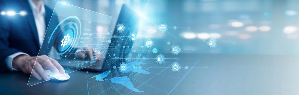 Security expert using laptop managing Access Management protocols on a virt.. 스톡 사진