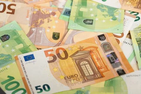 Security features of banknotes under inspection. Detailed view of euro bank.. 스톡 사진