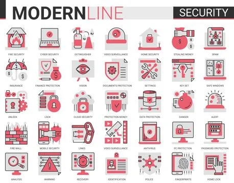 Security flat line concept symbols. Data PC Protection technology. Smart home イラスト素材