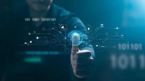 Security of future technology and Cybernetics on the Internet, finger scannin 스톡 사진