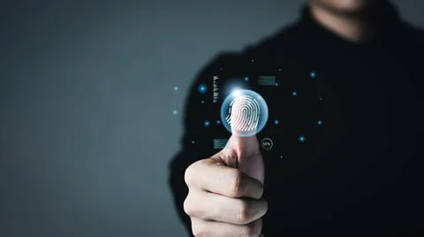 Security of future technology and Cybernetics on the Internet, finger scannin Foto stock