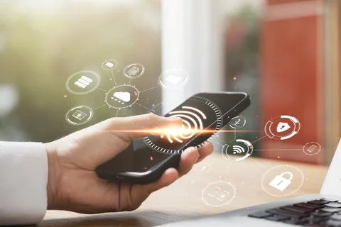 Security of future technology and Cybernetics on the Internet, finger scann.. Stock Photos