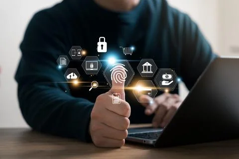 Security of future technology and Cybernetics on the Internet, finger scann.. 写真素材
