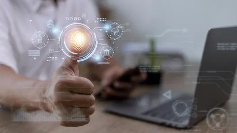 Security of future technology and Cybernetics on the Internet, finger scann.. Stock Photos