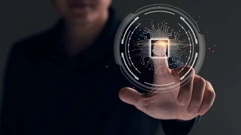 Security of future technology and Cybernetics on the Internet, finger scann.. Stock Photos