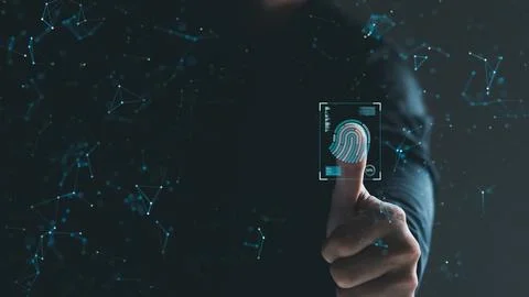 Security of future technology and Cybernetics on the Internet, finger scann.. Stock Photos