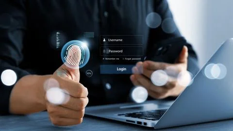 Security of future technology and Cybernetics on the Internet, finger scann.. Stock Photos