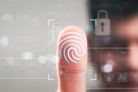 Security of future technology and Cybernetics on the Internet, finger scann.. Stock Photos