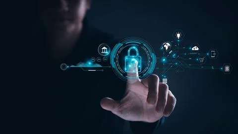 Security of future technology and Cybernetics on the Internet, finger scann.. Stock Photos