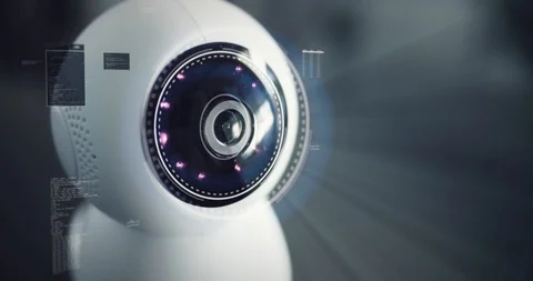 Security futuristic camera scans the surroundings with placeholder for Stock Footage 128926435
