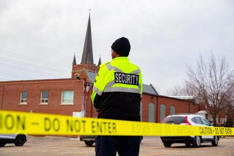 Security guard with caution tape to do parking enforcement at guest parking lot. Stock Photos