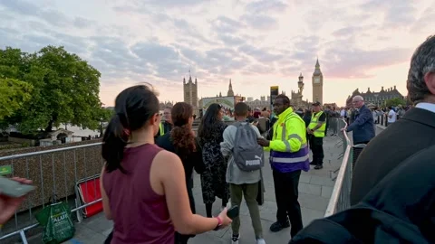Security guard checks wristbands in Queue to see Queen lying in state Video stock 212988677