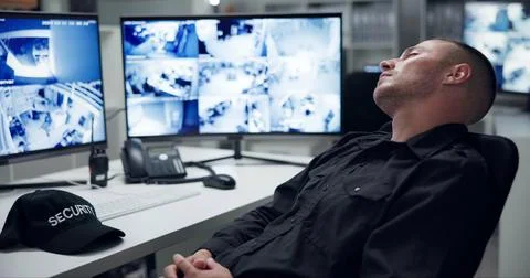 Security guard, computer screen and tired by cctv monitor for protection, data 스톡 사진