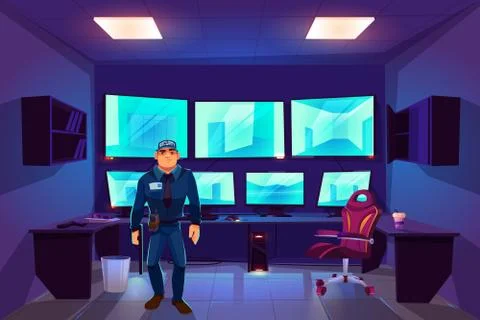 Security guard in control cctv room with monitors Stock Illustration