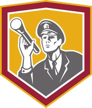 Security guard with flashlight shield retro Stock Illustration