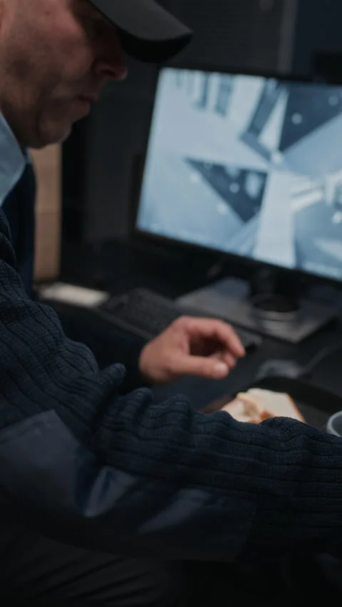 Security Guard Having Lunch during CCTV Camera Monitoring at Night Stock Footage 324038638