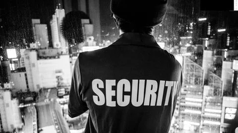 Security guard looking down the city at night Stock Photos