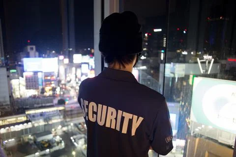 Security guard looking down cityfull of lights at night.. 库存照片