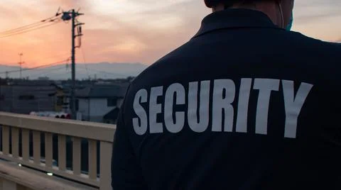Security guard looking down street and sunset Stock Photos
