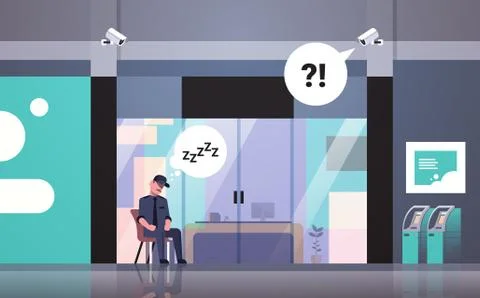 Security guard man sleeping at workplace entrance door business building Ilustración de archivo