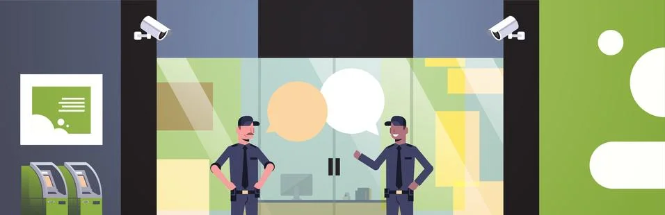 Security guard men chat bubble communication at entrance door business building Ilustración de archivo