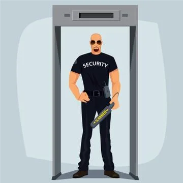Security guard with metal detector Stock Illustration