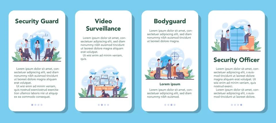 Security guard mobile application banner set. Surveillance and ptrotection Stock Illustration