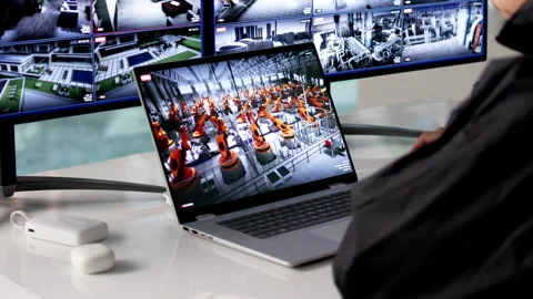 Security Guard Monitors Multiple CCTV Cameras Stock Footage 334534155