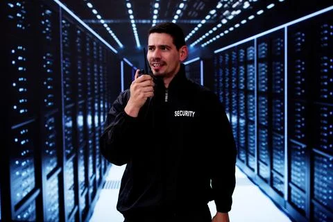 Security Guard Officer In Data Center With Cloud Computing Technology Stock Photos