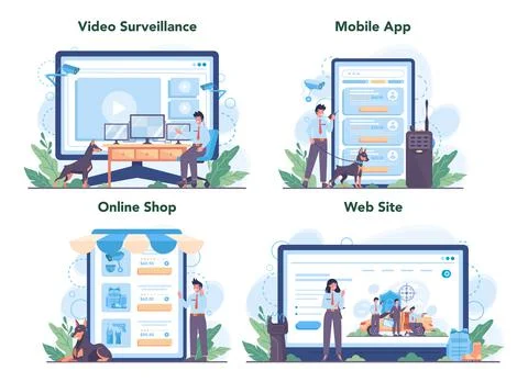 Security guard online service or platform set. Surveillance and ptrotection 스톡 일러스트