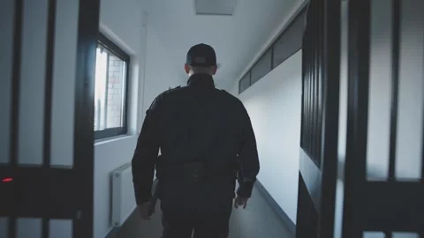 Security guard patrolling along prison corridor through metal door. Stock Footage 337599125