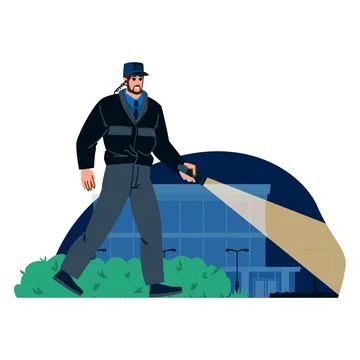 Security guard patrolling outside building at night Stock Illustration