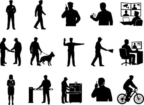 Security Guard Service Icons Set Featuring Professional Personnel Action 스톡 일러스트