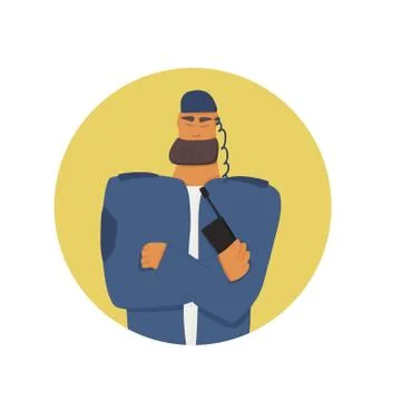 Security guard standing with arms crossed. Bearded man wearing in a guards un Stock Illustration