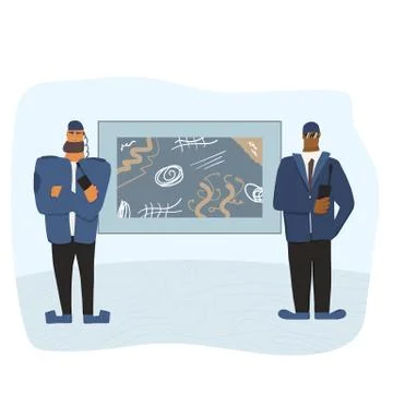 Security guard standing at the museum and protecting a picture. Two men weari Stock Illustration