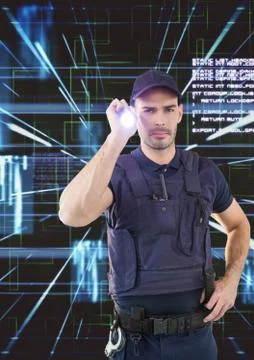 Security guard using flashlight against abstract background Stock-Fotos