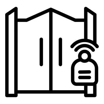 Security guard using intercom system opening automatic gate for person with.. Stock Illustration