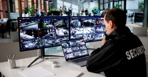 Security Guard Watches Multiple CCTV Screens While Talking On Walkie Talkie. Stock Photos
