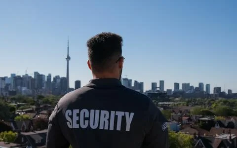 Security guard watching over big city 库存照片