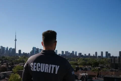 Security guard watching over big city 스톡 사진